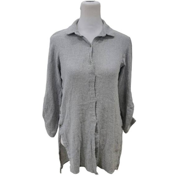 ZARA Gray Linen Tunic Top Button Down Long Sleeve Shirt Lagenlook Boho - Picture 1 of 10